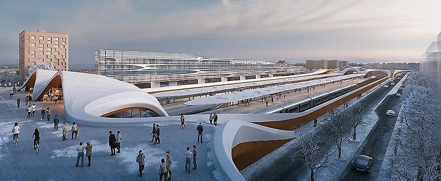 Exempel på hur broarna skulle kunna se ut med entréer till tåg och perronger. 