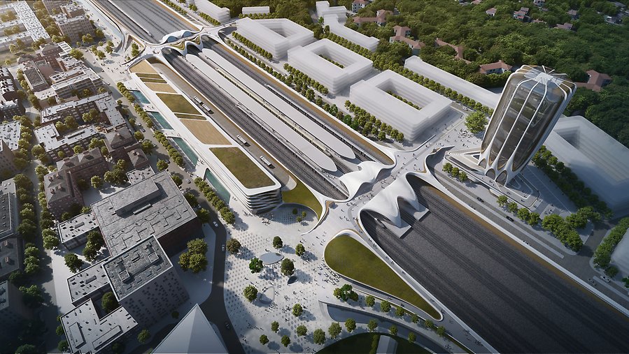 Exempel på hur Väsby Entré skulle kunna gestalta sig när stationsområdet och kringliggande bostadshus är färdigbyggda.